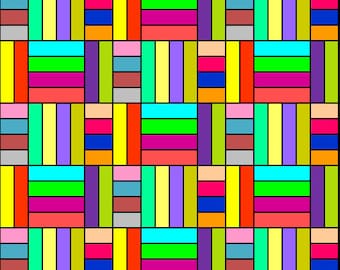 May include: A colorful abstract pattern with alternating horizontal and vertical stripes in various colors, including red, orange, yellow, green, blue, purple, pink, and brown.