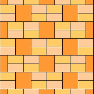 Pode incluir: Padrão geométrico abstrato com um design repetitivo semelhante a tijolos. O padrão usa retângulos laranja, pêssego e amarelos separados por linhas pretas. O design cria uma aparência texturizada e tecida.