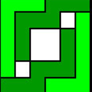 Könnte beinhalten: Ein grünes und weißes geometrisches Design mit einem Quadrat in der Mitte. Das Design besteht aus überlappenden Quadraten und Rechtecken.