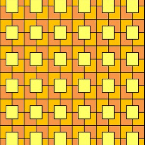 Peut inclure: Un motif répétitif de carrés orange et jaunes. Les carrés sont disposés en grille, les carrés orange formant une bordure autour des carrés jaunes.