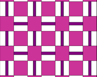 Puede incluir: Un patrón de tablero de ajedrez con cuadrados blancos y rosas alternados. Los cuadrados tienen un borde morado y una línea morada que atraviesa el centro de cada cuadrado rosa.
