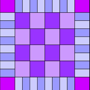 May include: A purple and light purple checkerboard pattern with a white border. The checkerboard is surrounded by a light blue border with a solid purple border on each side.