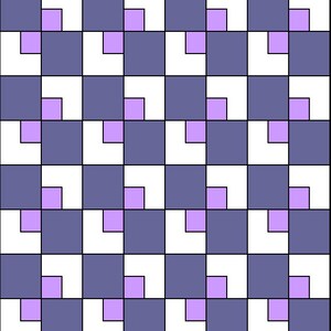 Può includere: Uno schema a scacchiera con quadrati bianchi e viola alternati. I quadrati viola hanno un quadrato viola più piccolo al centro.