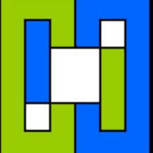 Könnte beinhalten: Abstraktes geometrisches Design mit einem weißen Zentrum, umgeben von grünen und blauen Quadraten. Die Quadrate sind in einem Muster angeordnet, das ein Gefühl von Bewegung und Tiefe erzeugt.