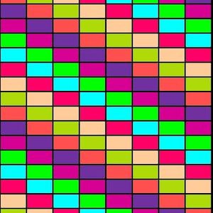 May include: A vibrant, colorful pattern composed of rectangular blocks. The blocks are arranged in a grid and feature a variety of bright colors, including pink, green, blue, orange, and purple. The pattern is set against a black background.