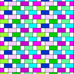 May include: A colorful pattern of squares in blue, green, pink, and light blue. The squares are arranged in a repeating pattern, creating a visually appealing design.
