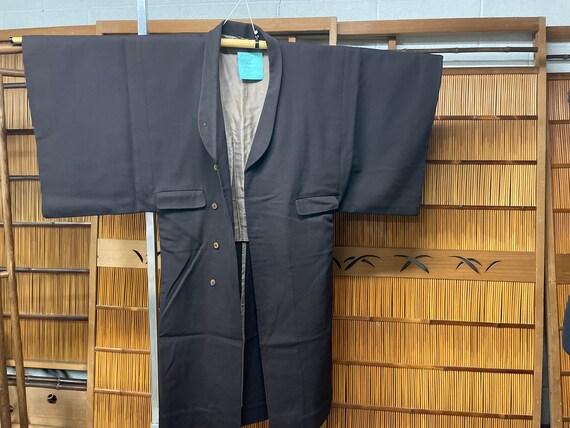 Wool Kimono overcoat men’s vintage Japan brown black stripe handmade 98b8