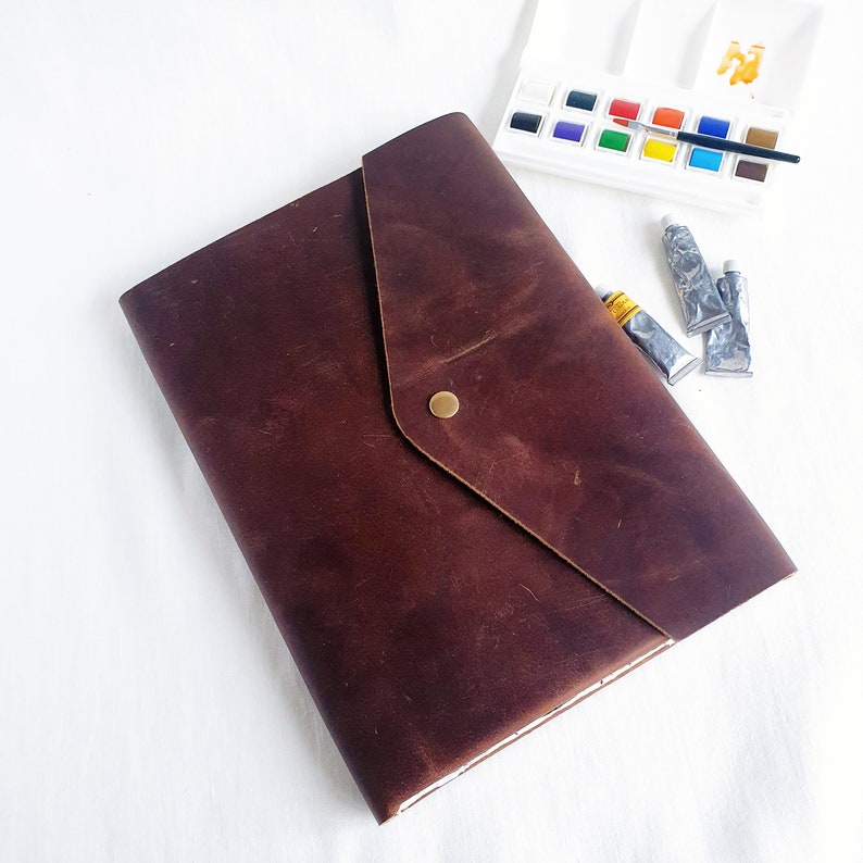 Watercolor Sketchbook, Thick Distressed Leather Cover, Deckled Edge, Thick 200gsm Cold Press Cotton Paper, 3 Sizes A4, A5, A6 Mixed Media image 3