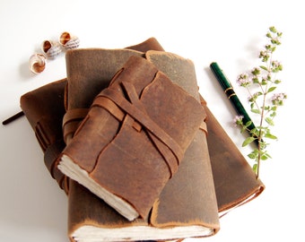 Small Travel Journal, A6, 180 Pages, Rough Leather, Unlined, Deckled Edges, Cotton Based Paper