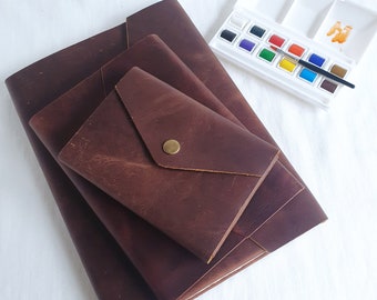 Watercolour Journal, Sketchbook, Wrap Leather Cover, Refillable, 80pg of Cotton Paper, deckled edge, 200gsm, Hot Press, A6+ (12*16cm, 8*6")