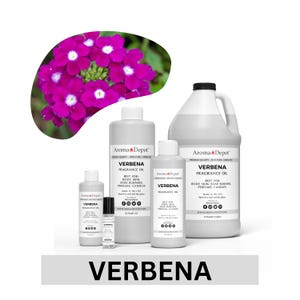 May include: A collection of Verbena fragrance oil bottles and a large jug, with a vibrant purple flower arrangement in the background. The bottles vary in size and have white labels with black text. The text "Verbena Fragrance Oil" is visible.