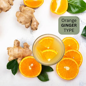 May include: A glass of orange juice with slices of orange and a piece of ginger. The text "Orange Ginger Type" is written on a green rectangle.