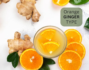 Può includere: Un bicchiere di succo d'arancia con fette d'arancia e un pezzo di zenzero. Il testo "Orange Ginger Type" è scritto su un rettangolo verde.
