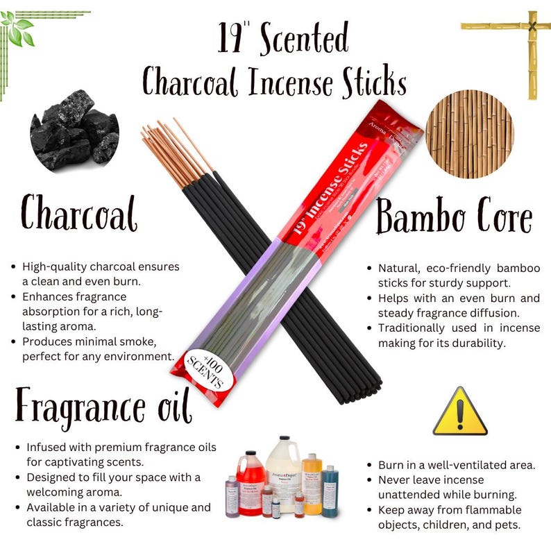 May include: A bundle of 19-inch charcoal incense sticks with bamboo cores, packaged in a clear plastic sleeve. The image includes text labels for charcoal, bamboo core, and fragrance oil, along with safety warnings and images of charcoal.