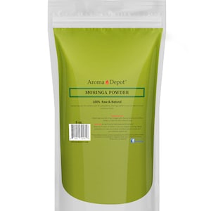 May include: A green resealable pouch with a white label that reads "Aroma Depot&trade; Moringa Powder 100% Raw & Natural Containing over 30 nutrients and 46 antioxidants, Moringa oleifera is one of nature's most nutritious foods. 8 oz. www.aromadepot.com"