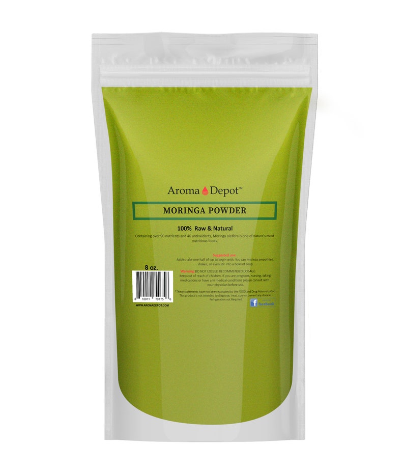 May include: A green resealable pouch with a white label that reads "Aroma Depot&trade; Moringa Powder 100% Raw & Natural Containing over 30 nutrients and 46 antioxidants, Moringa oleifera is one of nature's most nutritious foods. 8 oz. www.aromadepot.com"