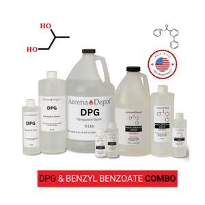 May include: A collection of clear plastic bottles containing DPG Dipropylene Glycol and Benzyl Benzoate, labeled Aroma Depot. The bottles range in size from small containers to large jugs, with chemical structures and a Made in USA seal visible.