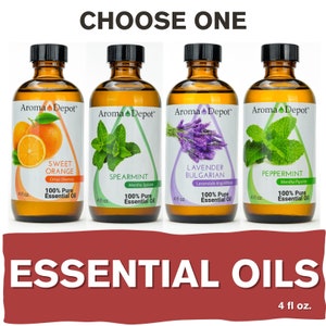 May include: Four 4-ounce bottles of essential oils labelled with the brand name "Aroma Depot". The oils are Sweet Orange, Spearmint, Lavender Bulgarian, and Peppermint. Each bottle has a white label with a green leaf design and the name of the oil in black text.