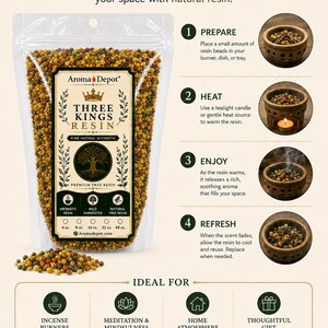 May include: Aroma Depot Three Kings Resin in a clear bag, with instructions on how to use it. The image shows the resin beads, a tealight candle, and incense burners. The text says "Pure. Natural. Aromatic."