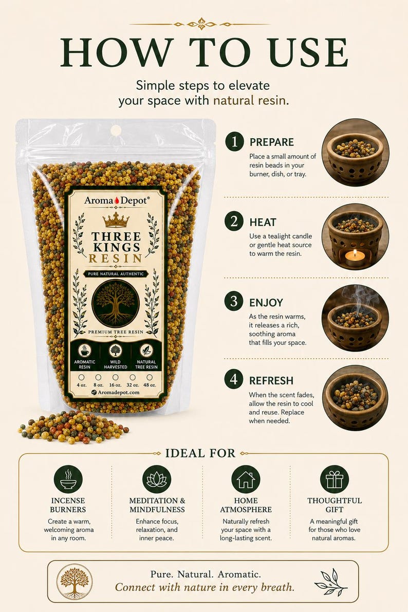 May include: Aroma Depot Three Kings Resin in a clear bag, with instructions on how to use it. The image shows the resin beads, a tealight candle, and incense burners. The text says "Pure. Natural. Aromatic."