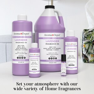 May include: Four bottles of lavender fragrance oil in various sizes, from a small roller bottle to a large 32-fluid ounce bottle. The bottles are all purple and have a white label with the text "Aroma Depot" and "Lavender Fragrance Oil".