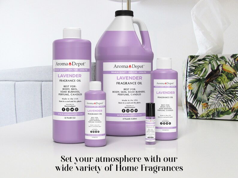 May include: Four bottles of lavender fragrance oil in various sizes, from a small roller bottle to a large 32-fluid ounce bottle. The bottles are all purple and have a white label with the text "Aroma Depot" and "Lavender Fragrance Oil".