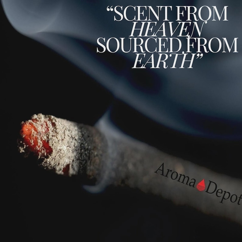 May include: A burning incense stick with a glowing red ember and grey ash, emitting a thin trail of smoke against a dark background. The text reads SCENT FROM HEAVEN SOURCED FROM EARTH and Aroma Depot with a red droplet icon near the base.