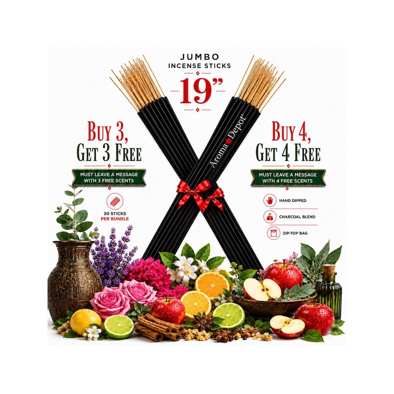 May include: Two bundles of 19-inch black jumbo incense sticks from Aroma Depot arranged in an X shape, tied with a red ribbon. The image includes text about promotional offers, 30 sticks per bundle, hand-dipped charcoal blend, and zip-top bags.