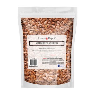 May include: A resealable bag of 2 pounds of whole flaxseed. The bag is white with a label that says "Aroma Depot" and "Whole Flaxseed". The label also includes information about the product, such as the suggested use and warnings.
