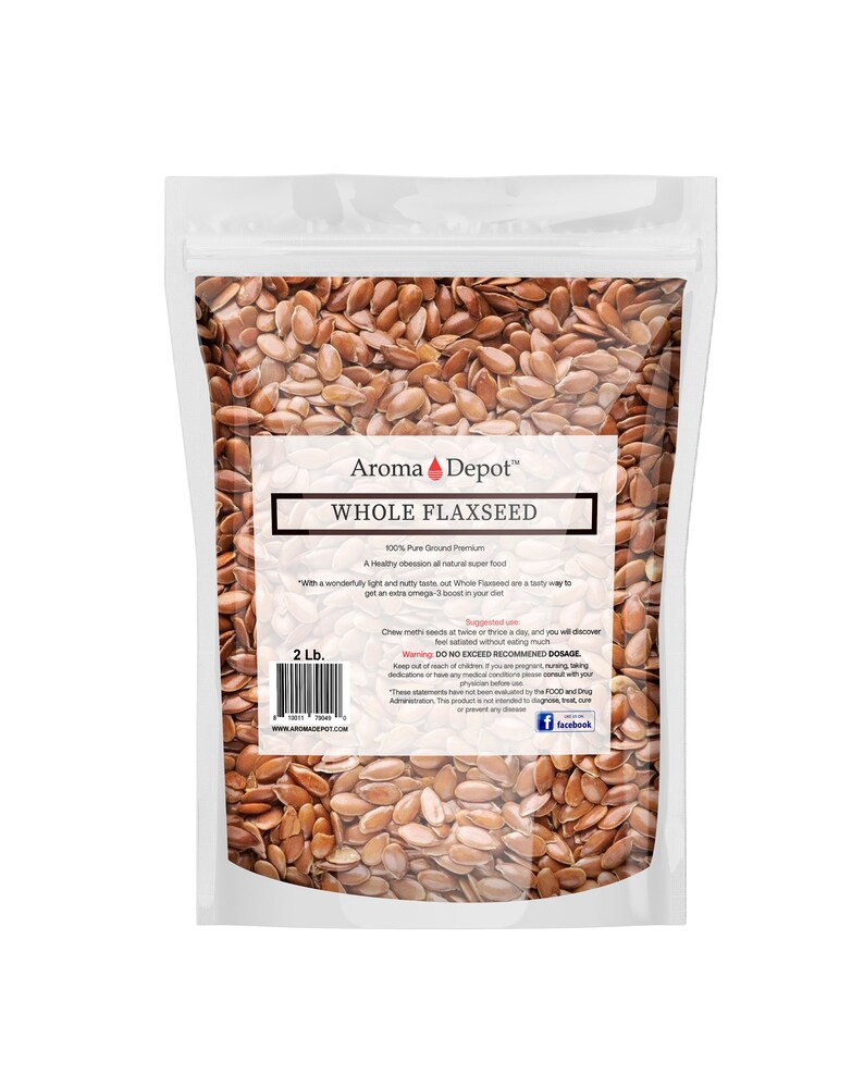 May include: A resealable bag of 2 pounds of whole flaxseed. The bag is white with a label that says "Aroma Depot" and "Whole Flaxseed". The label also includes information about the product, such as the suggested use and warnings.
