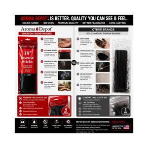May include: A comparison infographic for Aroma Depot 19-inch charcoal blend incense sticks, featuring a red packaging bag with a 4 mil thickness, contrasted against other brands using 100% charcoal powder in thin 1 mil plastic bags.