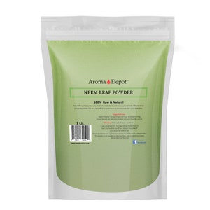 May include: A white resealable bag with a green background containing 2 pounds of Neem Leaf Powder. The bag has a label with the text "Aroma Depot" and "Neem Leaf Powder 100% Raw & Natural".