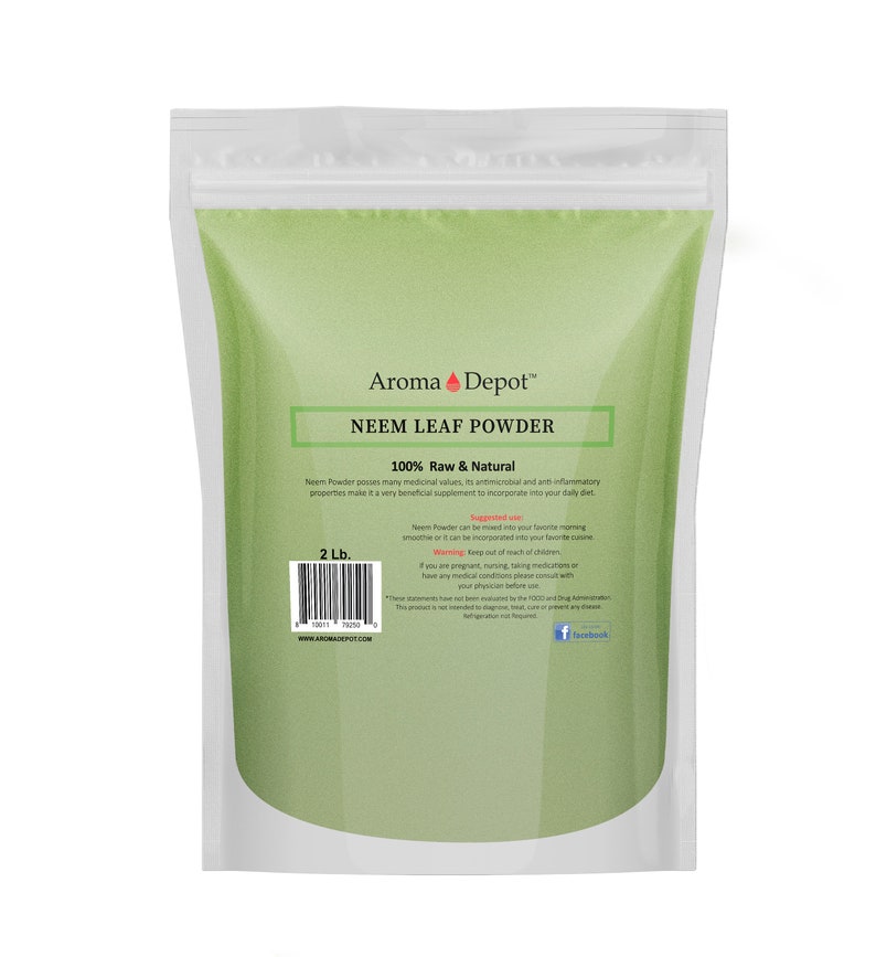 May include: A white resealable bag with a green background containing 2 pounds of Neem Leaf Powder. The bag has a label with the text "Aroma Depot" and "Neem Leaf Powder 100% Raw & Natural".