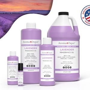 May include: Four bottles of lavender fragrance oil in various sizes, from a small roller bottle to a large gallon jug. The bottles are all purple and have the same label with the text "Aroma Depot" and "Lavender Fragrance Oil". The label also states "Best for: Body, Skin, Soap Burners, Perfume, Candles" and "Made in the USA".