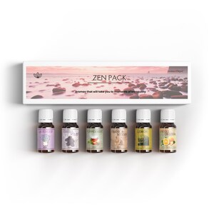 May include: A white box with the text "ZEN PACK" and a picture of a beach with rocks. The box contains six small bottles of essential oils labelled "Lavender", "Stress Relief", "Peppermint", "Frank & Myrrh", "Lemon", and "Sweet Orange".