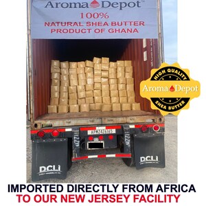 A white banner on the top of the container displays that says 100% Natural Shea Butter Product of Ghana.  A fully opened container filled with boxes of African Shea Butter.