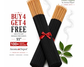 Può includere: Due fasci di bastoncini di incenso da 28 cm con estremità nere al carbone e punte in legno naturale, legati insieme da un nastro rosso. Il testo include "BUY 4 GET 4 FREE", "Aroma Depot", "Hand Dipped" e "100+ SCENTS AVAILABLE" con foglie verdi.