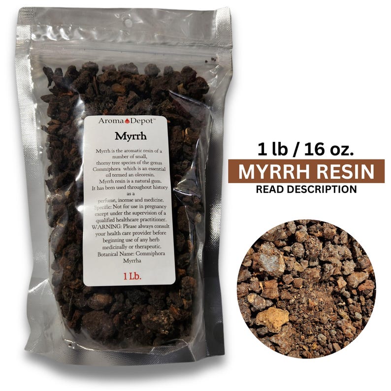 May include: A resealable bag of brown myrrh resin, labeled "Myrrh Resin" and "1 lb / 16 oz.". The bag is on a white background. The text "Read Description" is also on the label.