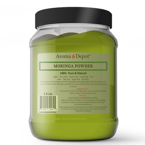 May include: A green plastic jar with a black lid containing Moringa Powder. The label reads "Aroma Depot" and "100% Pure & Natural". The jar is 1.5 lb and contains over 90 nutrients and 46 antioxidants.
