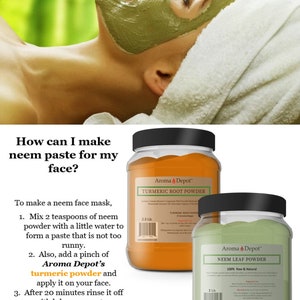 May include: Two jars of powder, one green and one orange, labeled "Aroma Depot" with the product names "Neem Leaf Powder" and "Turmeric Root Powder". The jars are on a white background with a woman's face covered in a green mask in the background.