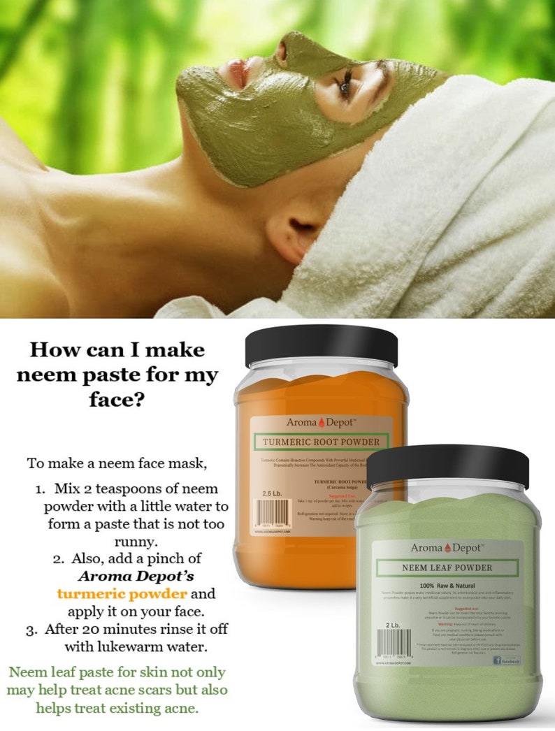 May include: Two jars of powder, one green and one orange, labeled "Aroma Depot" with the product names "Neem Leaf Powder" and "Turmeric Root Powder". The jars are on a white background with a woman's face covered in a green mask in the background.