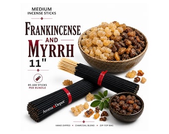 May include: Two bundles of 11-inch black incense sticks with red bands, labeled Aroma Depot. A large bowl contains light and dark resin pieces, while a smaller bowl holds dark resin. Text reads Medium Incense Sticks, Frankincense and Myrrh.