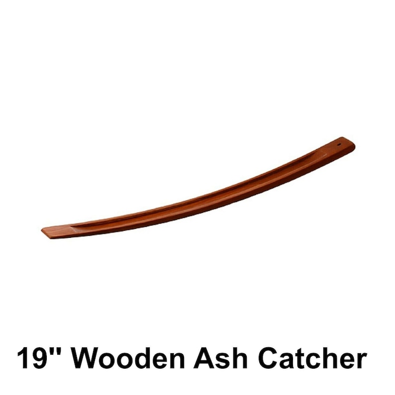 May include: A long, curved brown wooden incense ash catcher with a central groove and a small hole at one end for holding incense sticks. The text 19" Wooden Ash Catcher is printed below the object, indicating a length of 19 inches.
