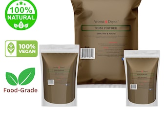 May include: A brown bag of Noni powder, labelled "Aroma Depot" and "100% Raw & Natural". The bag is 5 pounds and has a barcode. The product is also labelled "Food-Grade" and "100% Vegan".