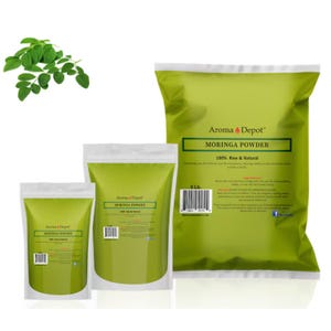 May include: Three bags of Moringa powder, labeled "Aroma Depot" and "Moringa Powder 100% Raw & Natural". The bags are green and white and come in three sizes: 1 lb, 2 lb, and 5 lb.