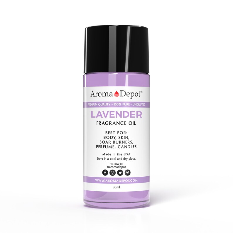 May include: A 30 ml bottle of lavender fragrance oil from Aroma Depot. The bottle is purple with a black cap and a white label. The label says "Aroma Depot", "Premium Quality - 100% Pure - Undiluted", "Lavender", "Fragrance Oil", "Best For: Body, Skin, Soap, Burners, Perfume, Candles", "Made in the USA", "Store in a cool and dry place", "Follow Us @aromadepot", and "www.aromadepot.com".