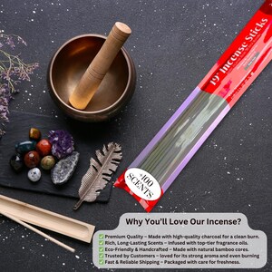 May include: A package of 19-inch incense sticks with a red and white label reading 19" Incense Sticks and +100 SCENTS, accompanied by a bronze singing bowl with a wooden mallet, a collection of small polished stones, and a metal feather-shaped tray.