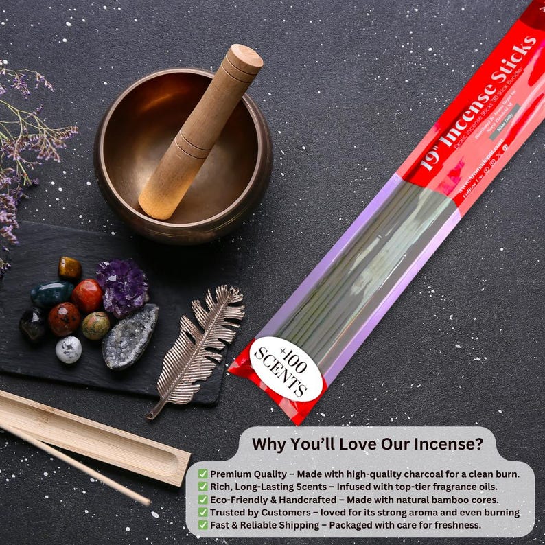 May include: A package of 19-inch incense sticks with a red and white label reading 19" Incense Sticks and +100 SCENTS, accompanied by a bronze singing bowl with a wooden mallet, a collection of small polished stones, and a metal feather-shaped tray.
