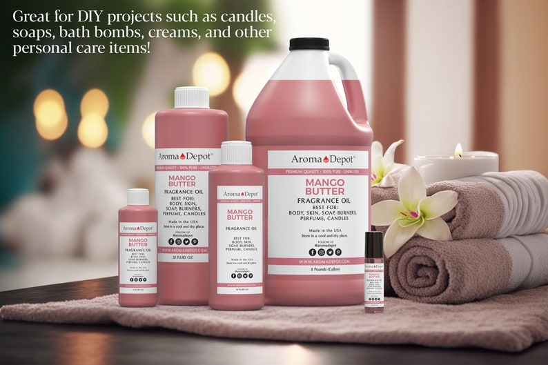 May include: Five bottles of Mango Butter Fragrance Oil in various sizes, from a small 10 ml bottle to a large 1 gallon jug. The bottles are all pink and have a white label with the text "Aroma Depot" and "Mango Butter Fragrance Oil". The bottles are arranged on a table with a pink towel and a white candle.