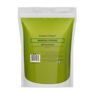 May include: A green resealable bag with a white label containing the text "Aroma Depot&trade; Moringa Powder 100% Raw & Natural" and a barcode. The label also includes the text "Containing over 90 nutrients and 46 antioxidants, Moringa offers one of nature's most nutritious foods." and "2 Lb."